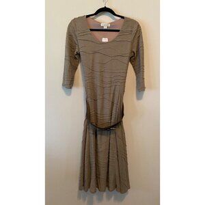 NWT christopher & banks Tan Dress Ridge Pattern Knee Length 3/4 Sleeve Belted
